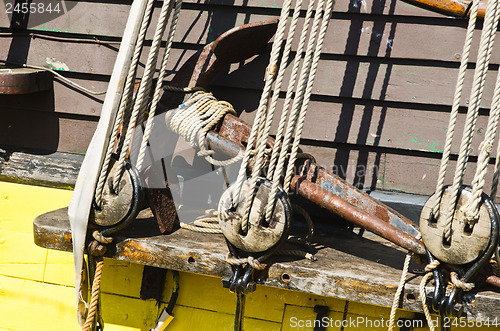 Image of Blocks and rigging at the old sailboat, close-up