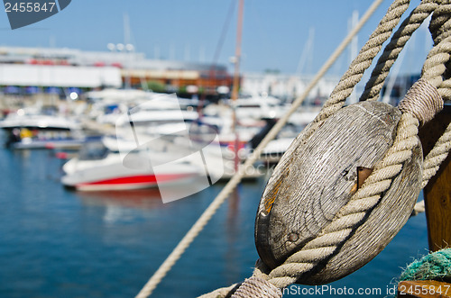 Image of Blocks and rigging at the old sailboat, close-up