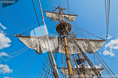 Image of Mast with sails of an old sailing vessel