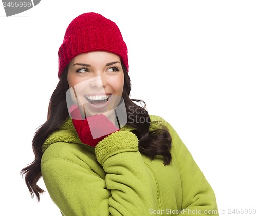 Image of Mixed Race Woman Wearing Hat and Gloves Looking to Side