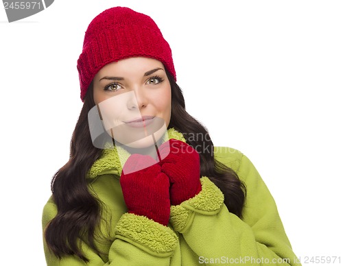 Image of Grinning Mixed Race Woman Wearing Winter Hat and Gloves
