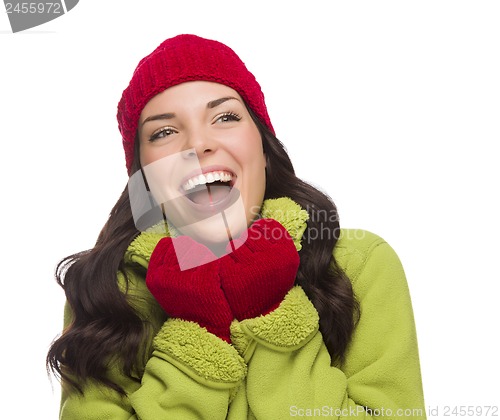 Image of Mixed Race Woman Wearing Hat and Gloves Looking to Side