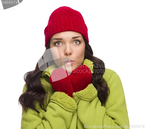 Image of Chilly Mixed Race Woman Wearing Winter Hat and Gloves