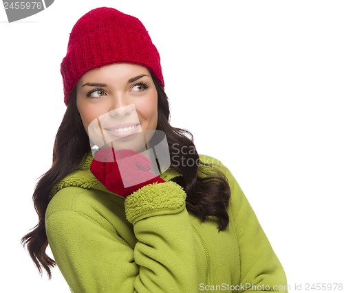 Image of Mixed Race Woman Wearing Hat and Gloves Looking to Side
