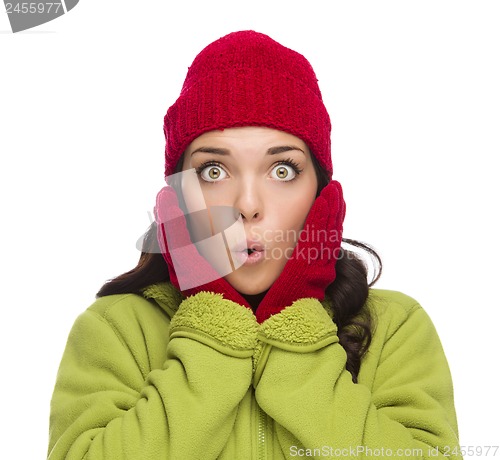 Image of Stunned Mixed Race Woman Wearing Winter Hat and Gloves