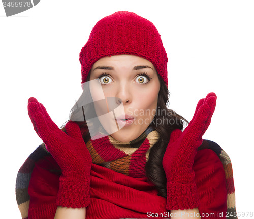 Image of Stunned Mixed Race Woman Wearing Winter Hat and Gloves