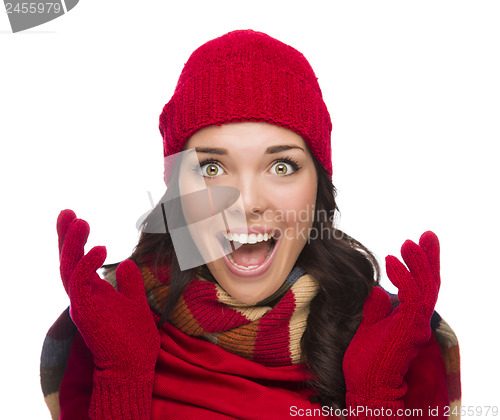 Image of Ecstatic Mixed Race Woman Wearing Winter Hat and Gloves