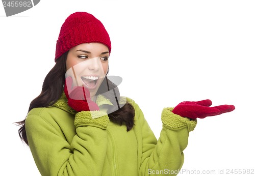 Image of Mixed Race Woman Wearing Hat and Gloves Gesturing to Side