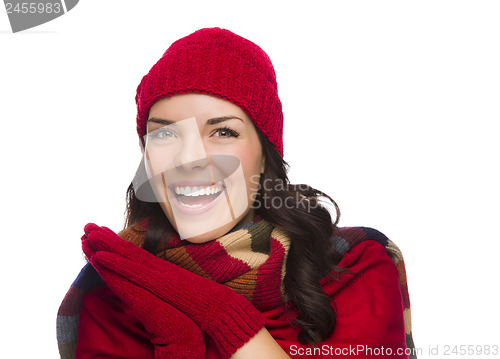 Image of Excited Mixed Race Woman Wearing Winter Hat and Gloves