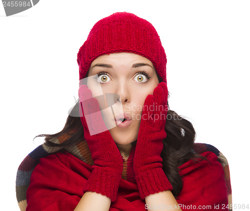 Image of Stunned Mixed Race Woman Wearing Winter Hat and Gloves