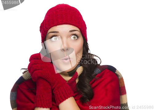 Image of Mixed Race Woman Wearing Hat and Gloves Looking to Side