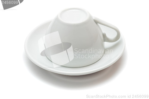 Image of upside-down cup over saucer isolated on white background