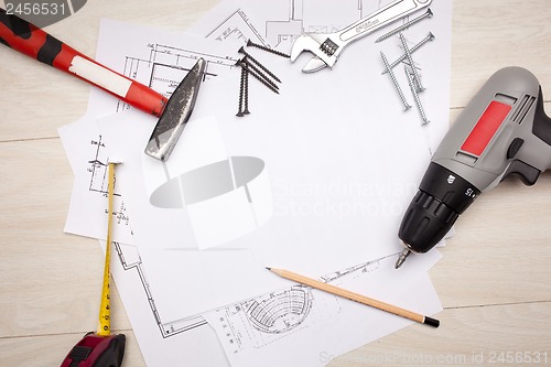 Image of Blueprints with tools