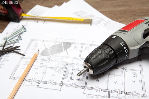 Image of Blueprints with tools
