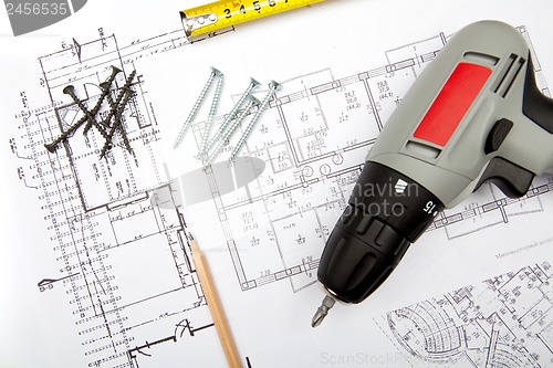 Image of Blueprints with tools