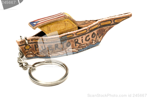 Image of key chain souvenir leather boat with flag puerto rico