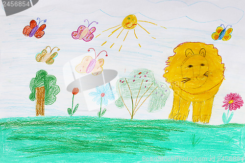 Image of Children's drawing with butterflies and lion