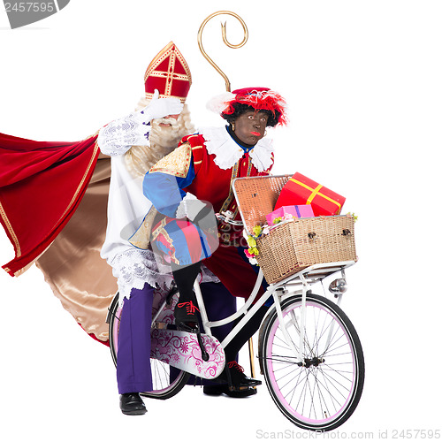 Image of Zwarte Piet and Sinterklaas on a bike