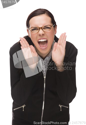 Image of Angry Mixed Race Businesswoman Yelling at Camera Isolated on Whi