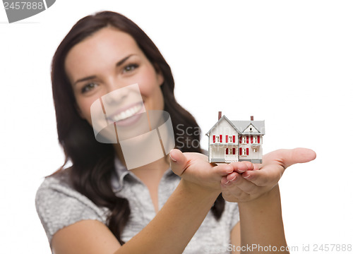 Image of Happy Mixed Race Woman Holding Small House Isolated on White