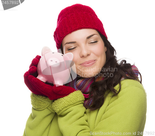 Image of Pleased Mixed Race Woman Hugging Piggybank Isolated on White 