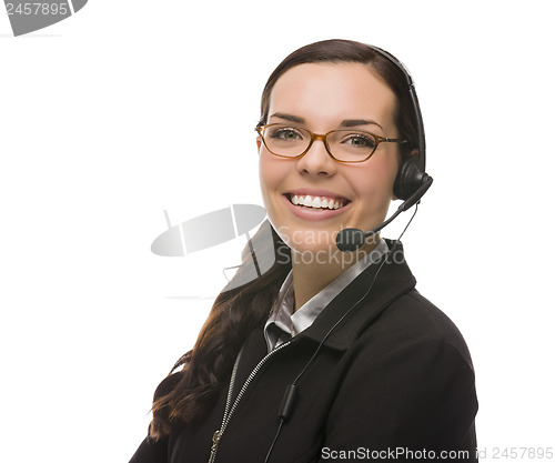 Image of Friendly Mixed Race Receptionist Wearing Phone Head Set