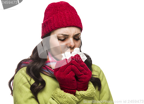 Image of Sick Mixed Race Woman Blowing Her Sore Nose with Tissue
