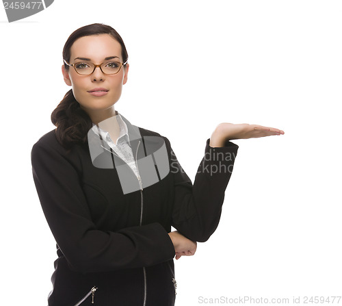 Image of Confident Mixed Race Businesswoman Gesturing with Hand to the Si