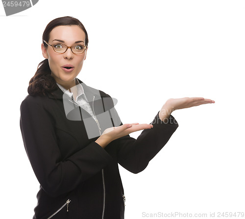 Image of Confident Mixed Race Businesswoman Gesturing with Hand to the Si