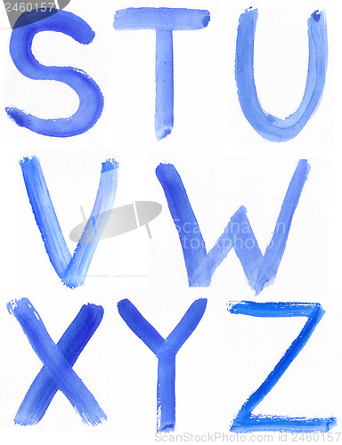 Image of Handwritten Blue Watercolor ABC Alphabet