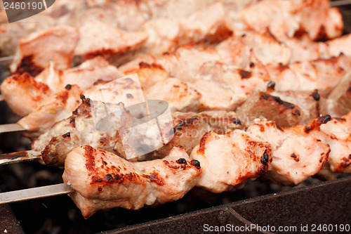 Image of Juicy slices of meat with sauce prepare on fire (shish kebab) 
