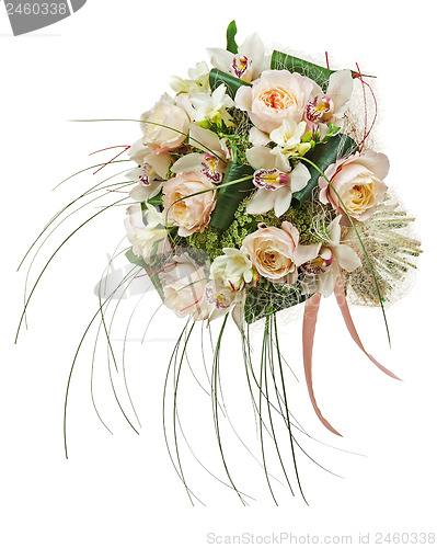 Image of Flower arrangement of peon flowers and orchids isolated on white
