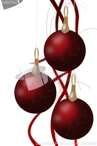 Image of Christmas balls hanging with tapes isolated on white background.