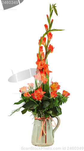 Image of Floral bouquet of roses and gladioluses arrangement centerpiece 