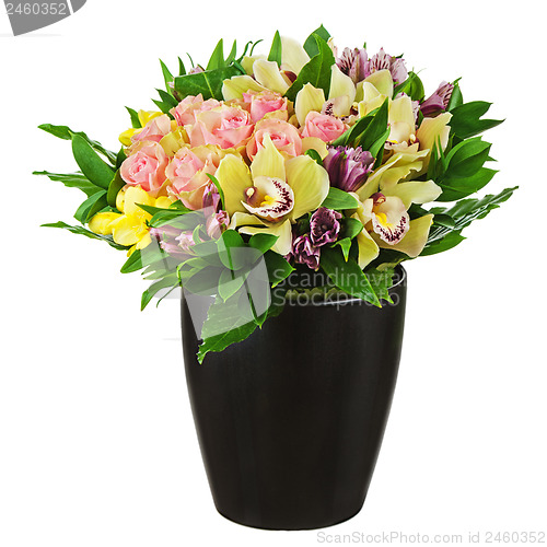 Image of Floral bouquet of roses, lilies and orchids arrangement centerpi