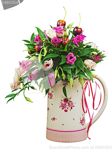 Image of Colorful flower bouquet from roses and fruits in vase isolated o