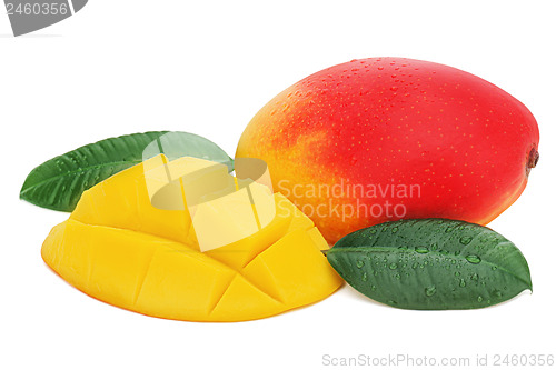 Image of Fresh mango fruit with cut and green leaves isolated on white ba