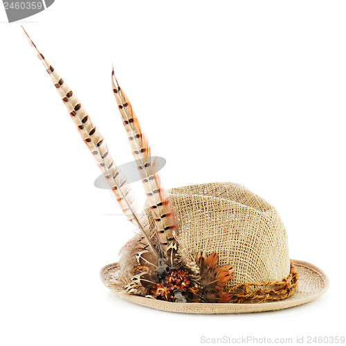 Image of Hunting hat with pheasant feathers isolated on white.