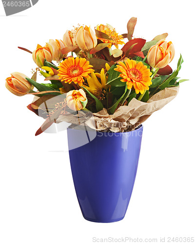 Image of Colorful bouquet from tulips and gerbera flowers isolated on whi