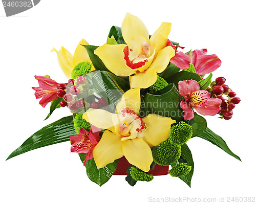 Image of Bouquet from orchids and lilies in vase isolated on white backgr