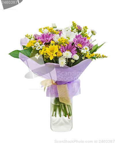 Image of Colorful bouquet from gerberas in glass vase isolated on white b