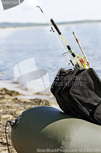 Image of Fishing gear in an inflatable boat after fishing.