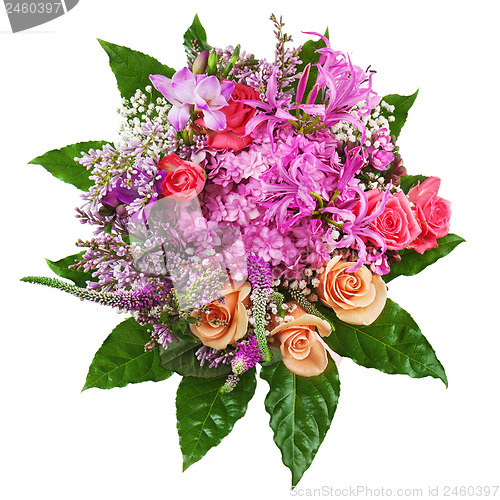 Image of Floral bouquet of roses, lilies and orchids isolated on white ba