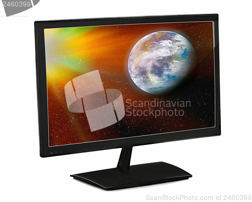 Image of Black lcd monitor with view on Earth from space isolated on whit