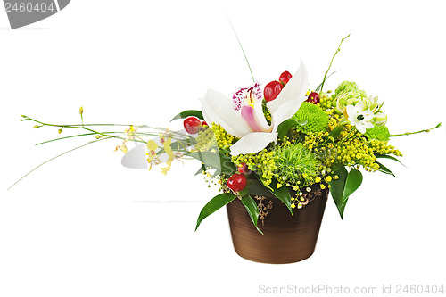 Image of Bouquet from orchids in dark vase isolated on white background.