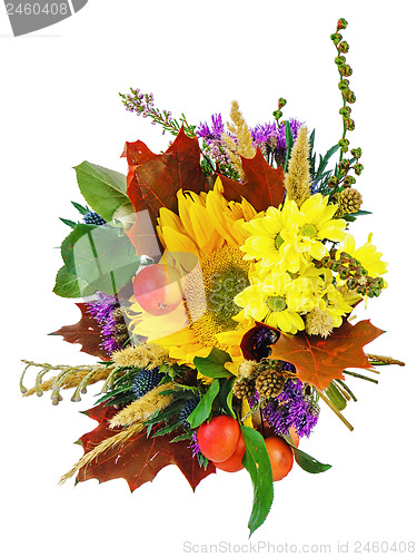Image of Bouquet of sunflowers and gerbera flowers isolated on white back