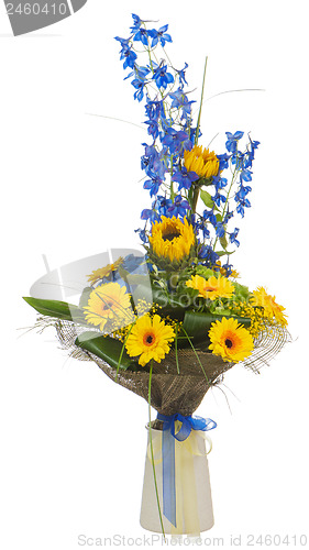 Image of Bouquet of sunflowers and gerbera flowers  in vase isolated on w