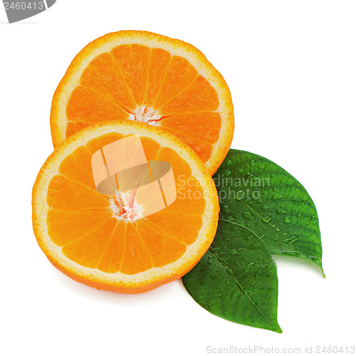 Image of Fresh orange fruit with green leaves isolated on white backgroun