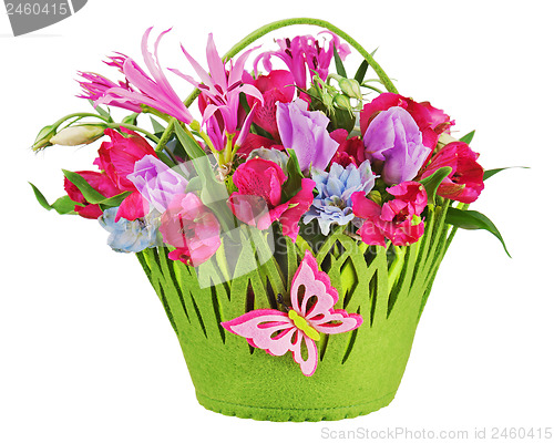 Image of Colorful flower bouquet arrangement centerpiece in baby basket i