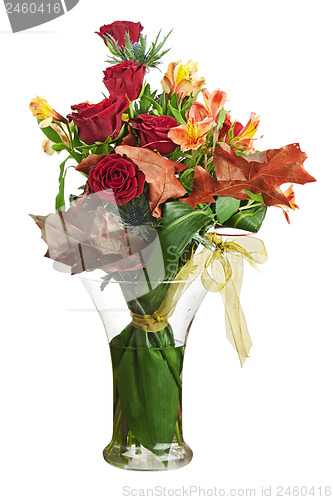 Image of Floral bouquet of roses and lilies arrangement centerpiece isola